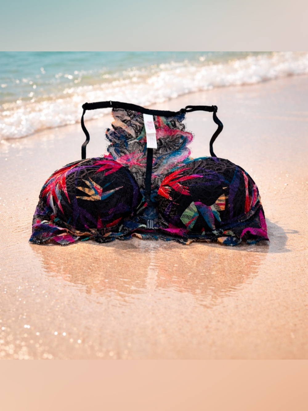 PINK Victoria's Secret Black Lace Push-Up Bra with Multicolor Leaf Print